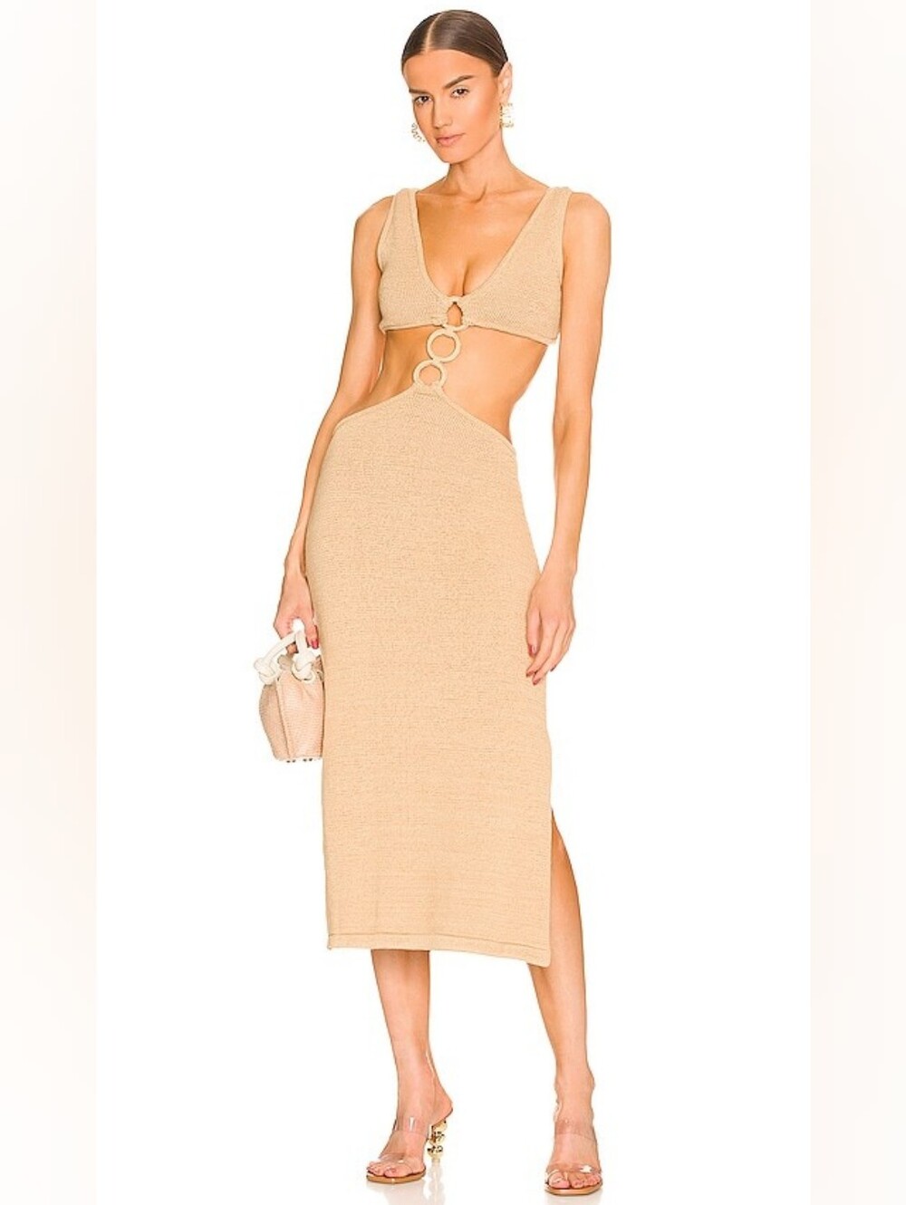 Beige Botany Knit 3 Ring Cut Out Backless Maxi Dress Taupe Size Womens M